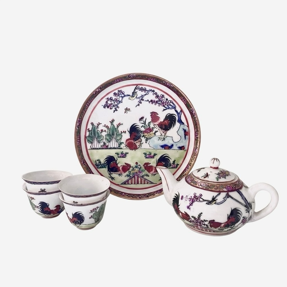 Vintage Mini Porcelain Prosperity Red Rooster Chinoiserie Famille Rose TeaSet